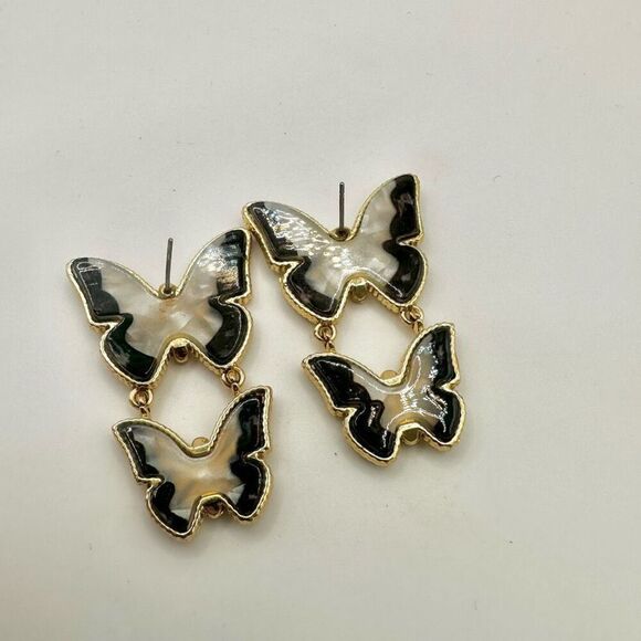 Double Butterfly Gold tone and black post drop earrings - Picture 3 of 8
